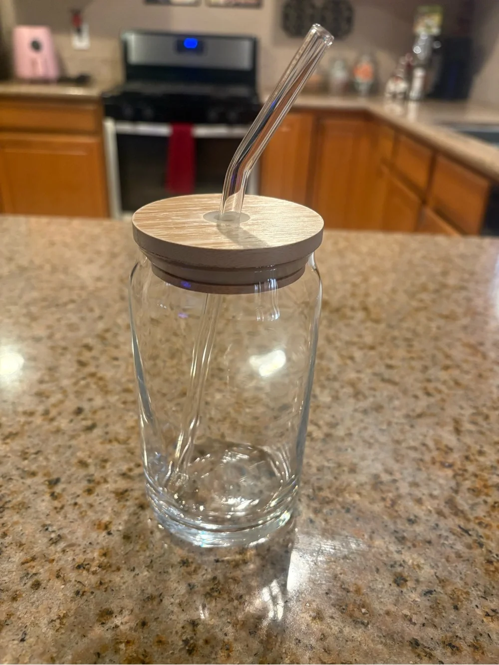 Glass Drink Cup with Light Wood Lid and Glass Straw - Clear